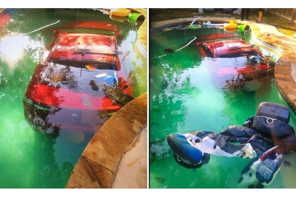 Condutor bêbado “estaciona” carro dentro de piscina
