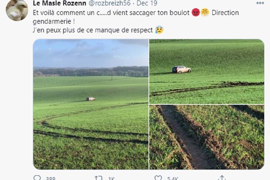 SUV destrói terreno agrícola; agricultor furioso denuncia-o no Twitter