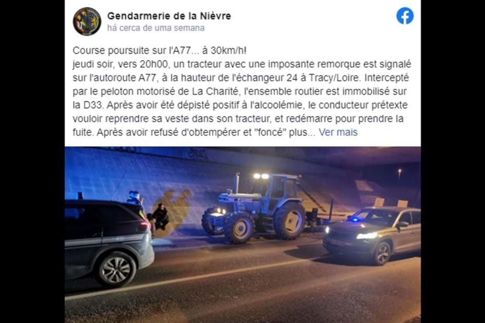 Condutor de tractor tenta despistar polícia a 30 km/hora